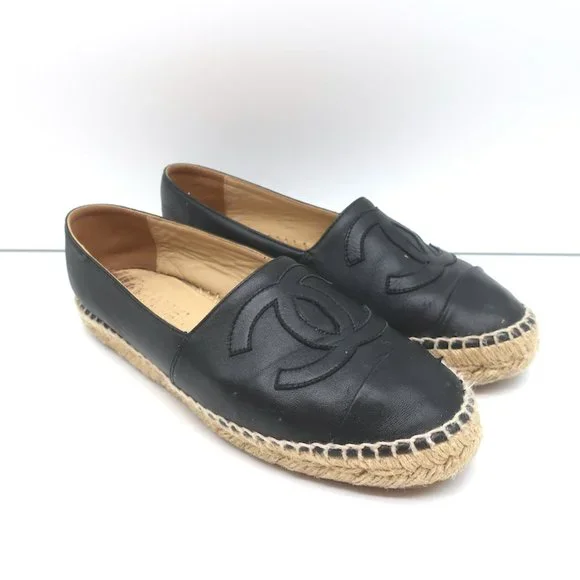 CHANEL CC ESPADRILLES BLACK LEATHER SIZE 37 - Picture 3 of 13